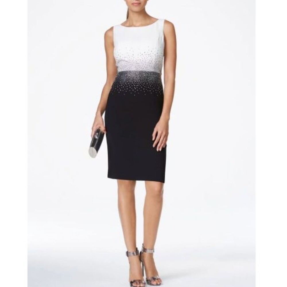 Calvin Klein Crystal Black White Sheath Dress Knee Length Sleeveless NWT Sz 14 - Picture 11 of 11